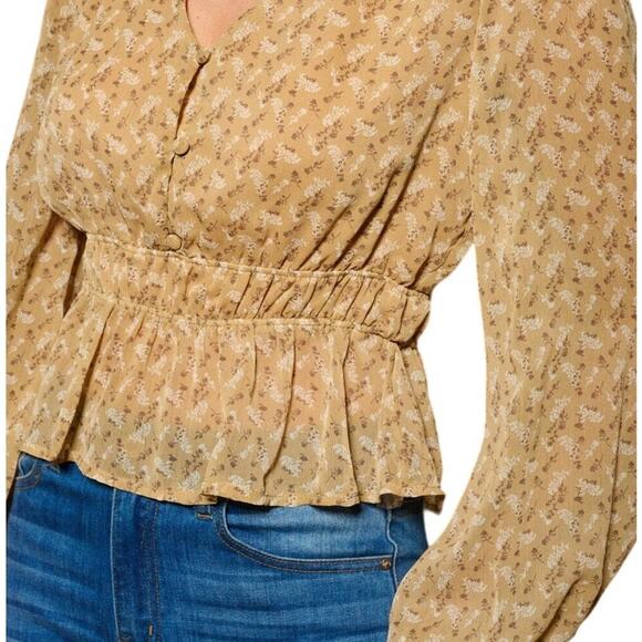 Just In! Women's Long Sleeve V-Neck Peplum Floral Blouse Top Taupe Buttons - Picture 2 of 4